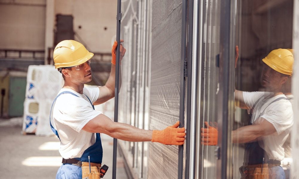 A construction worker wearing a yellow hard hat, safety glasses, and orange gloves installing a large glass window frame in an industrial building.