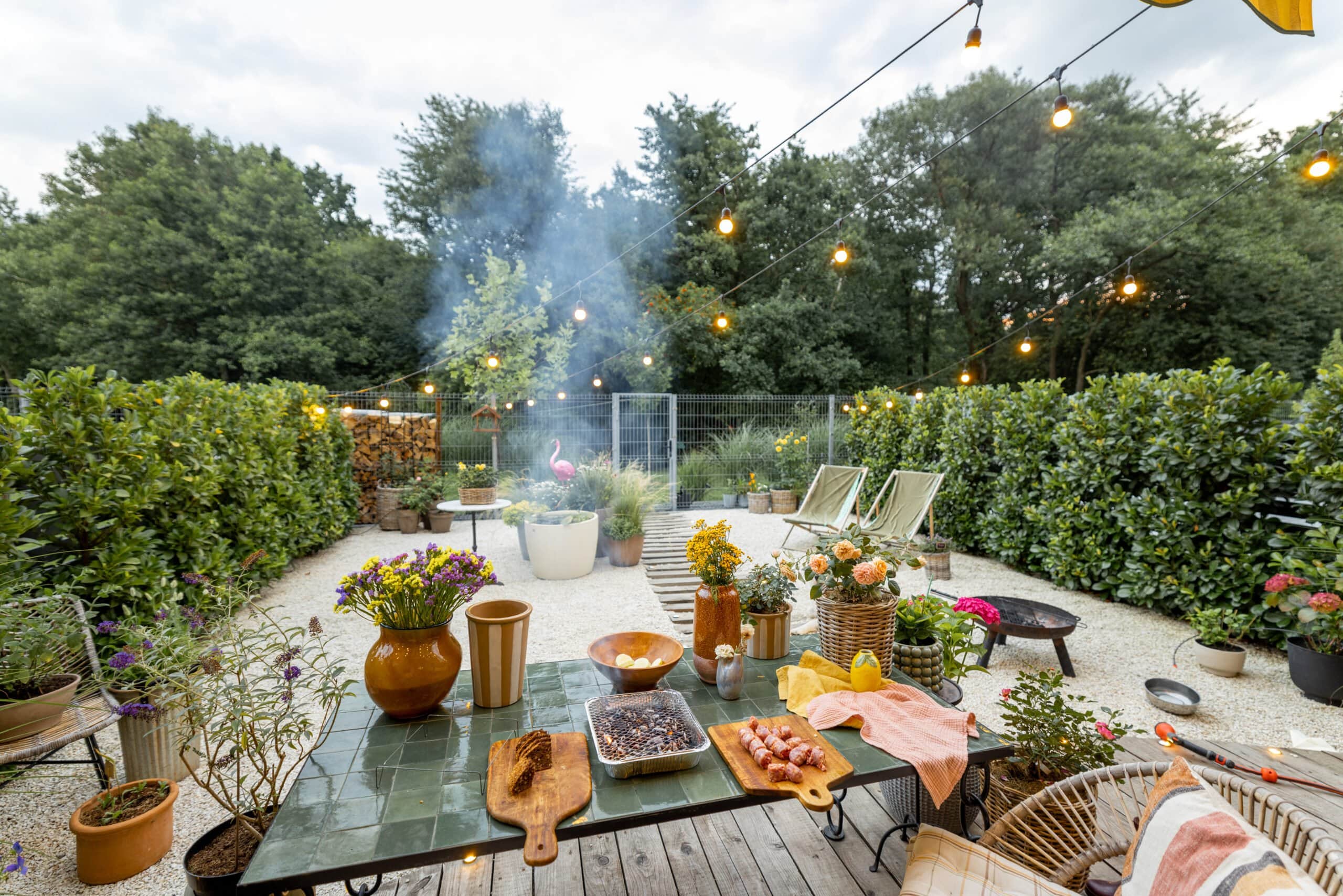 A cozy backyard patio at dusk featuring string lights, a green tiled dining table with grilled food, potted flowers, and a gravel seating area surrounded by tall hedges.