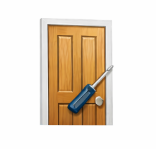 Minimalist 3D icon featuring a wooden door with white trim and a blue-handled screwdriver diagonally across it, representing professional door repair and home maintenance services.