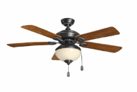 A modern five-blade ceiling fan with dark bronze housing, wooden blades, and a frosted glass light fixture.