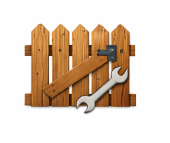 A wooden picket fence icon with a silver wrench overlay, representing fence maintenance and repair services.