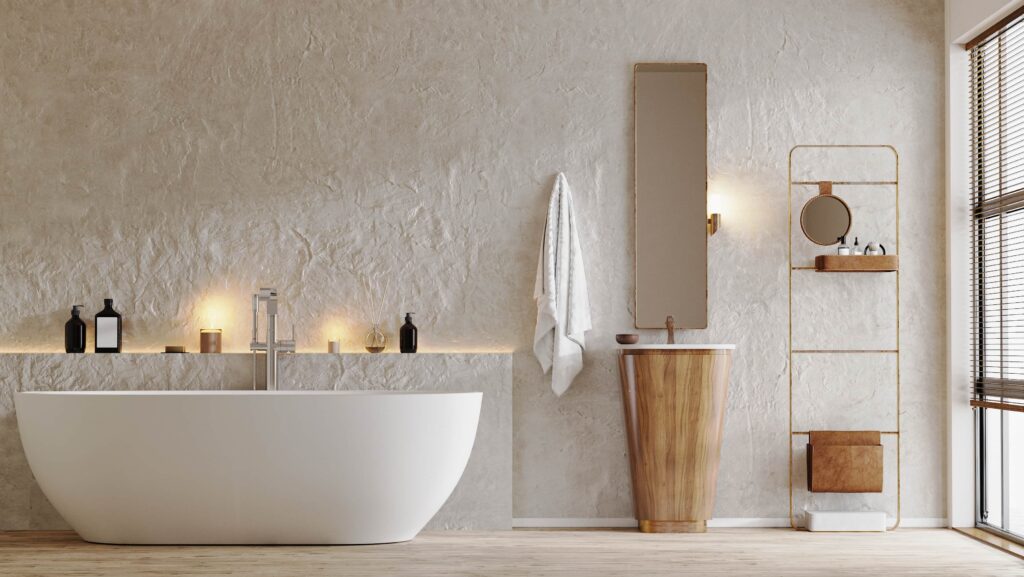 A minimalist modern bathroom trends featuring a white freestanding bathtub against a textured plaster wall, a tapered wooden pedestal sink, and warm ambient lighting.