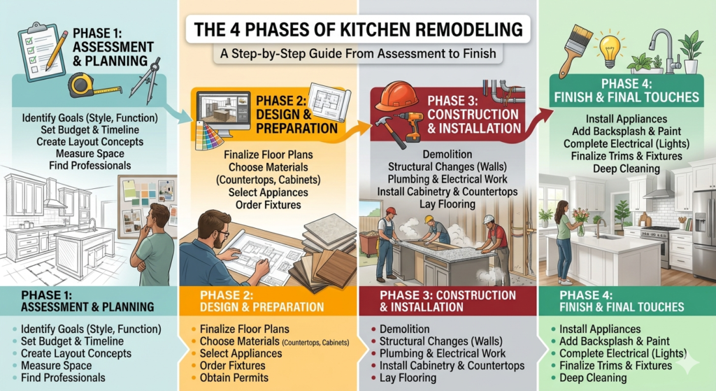 An educational infographic titled "The 4 Phases of Kitchen Remodeling" detailing a step-by-step guide from planning to finish for a professional kitchen renovation in Jacksonville, FL.