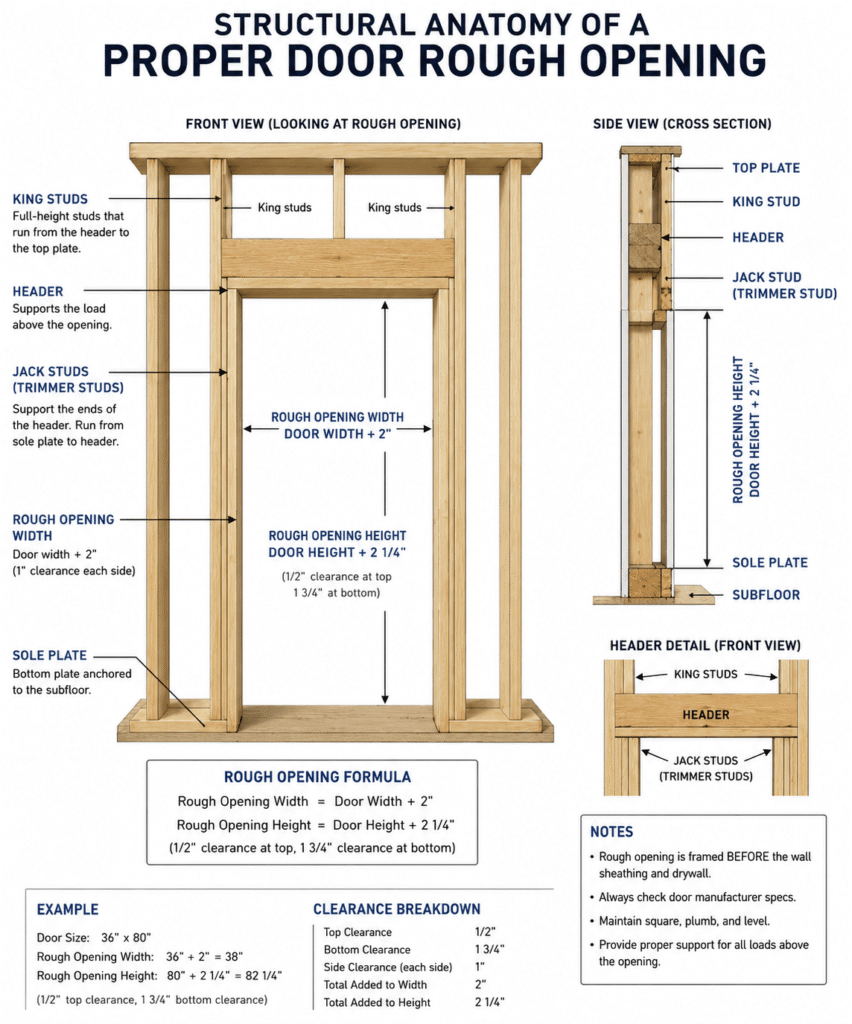An educational infographic showing the structural anatomy of a proper door rough opening, including header, king studs, and jack studs in Denver, CO.