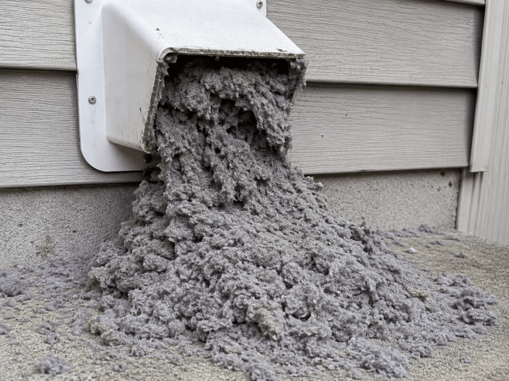 A severely clogged dryer vent exhaust on an exterior wall with lint spilling out, showing the need for dryer vent cleaning in Miami, FL.