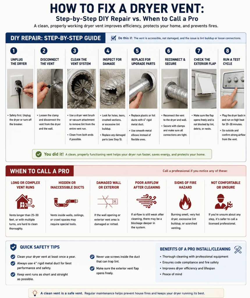 An educational infographic titled "How to Fix a Dryer Vent" comparing DIY repair steps with when to call a professional in San Antonio, TX.