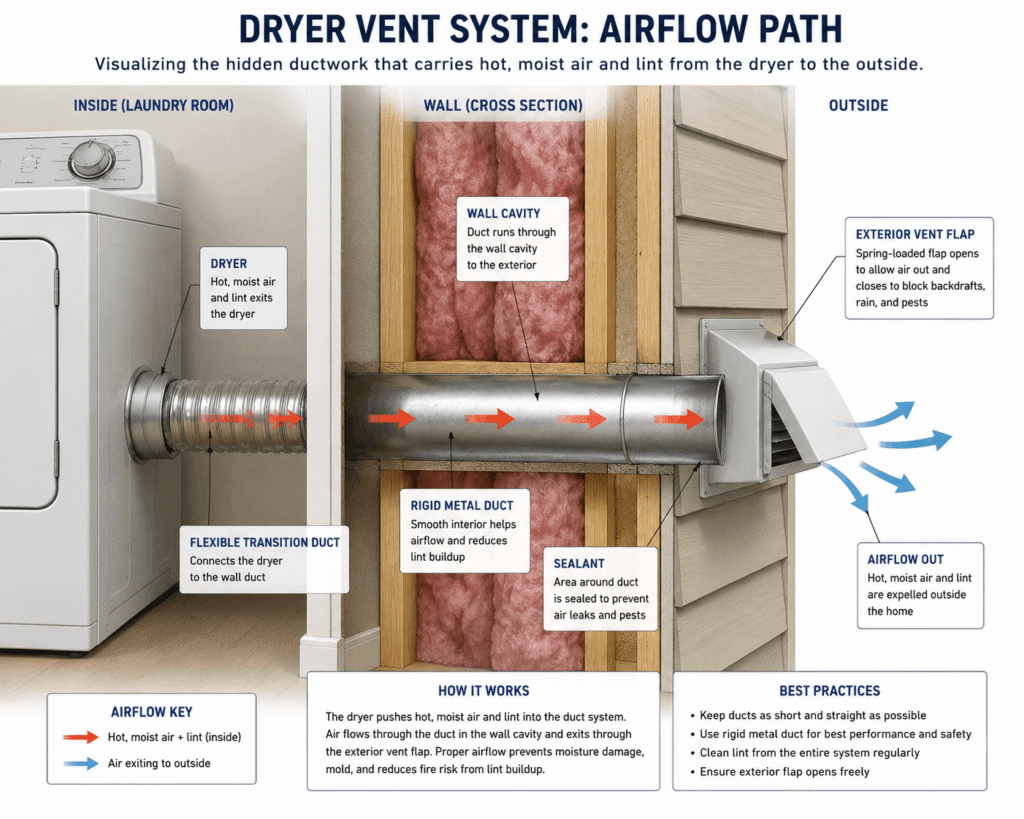 An educational diagram showing a dryer vent system airflow path through a wall, demonstrating professional inspection methods in Dallas, TX.