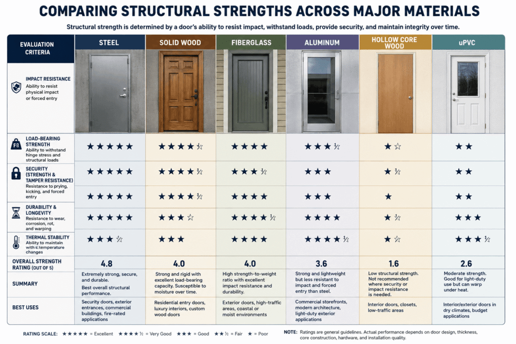 An educational comparison chart evaluating the structural strength of steel, wood, fiberglass, aluminum, and uPVC exterior doors in Phoenix, AZ.