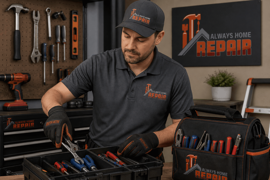 A professional technician from Always Home Repair organizing tools in a workshop, representing reliable handyman services in Tampa, FL.