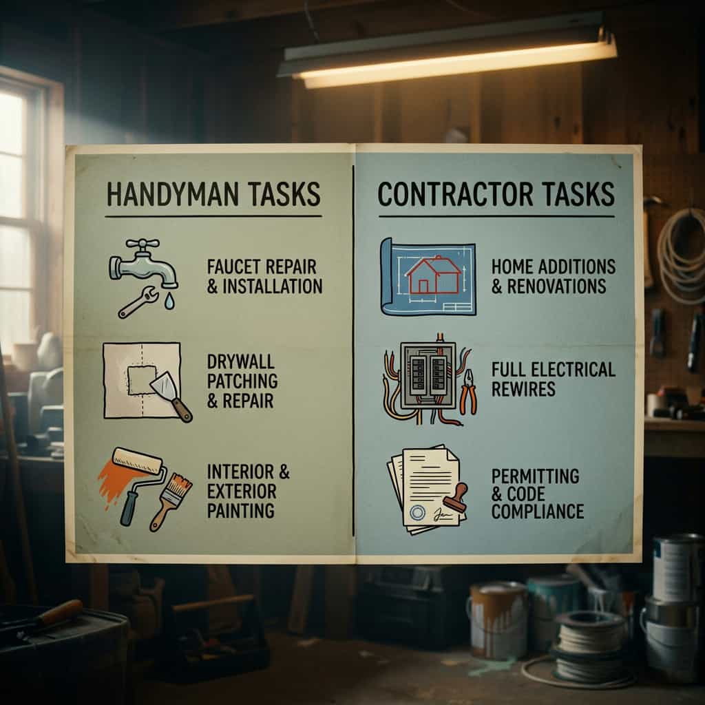 An educational infographic comparing common handyman tasks like faucet repair with professional contractor services in Austin, TX.