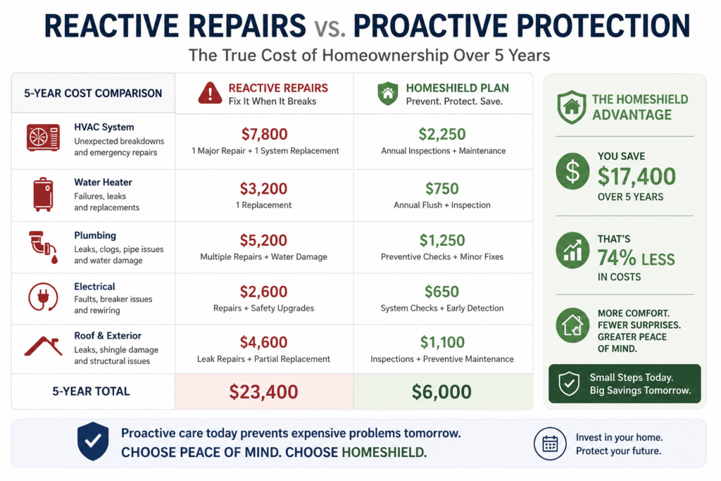 An infographic comparing the costs of reactive repairs versus a proactive home maintenance plan in Phoenix, AZ, highlighting significant savings.