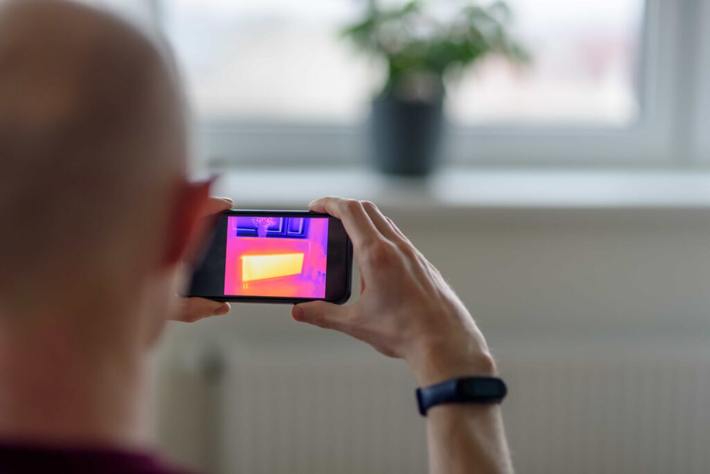 A man uses a smartphone with a thermal imaging attachment to perform an energy inspection on a home radiator in Chicago, IL.
