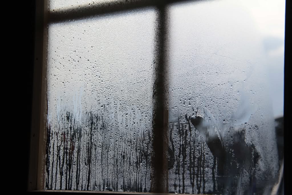 A close-up view of heavy condensation and water droplets dripping down a glass window pane, highlighting the need for residential indoor air quality and home moisture control seattle wa.