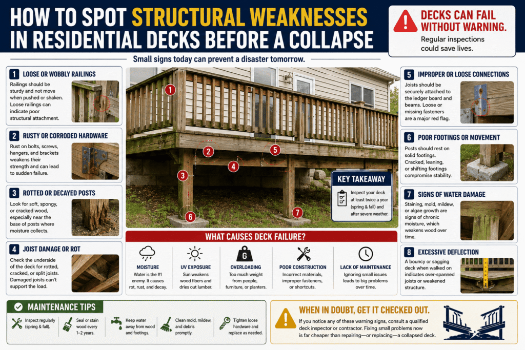 An educational infographic illustrating how to spot structural weaknesses in residential decks before a collapse, detailing inspections for loose railings, rusted hardware, rotted posts, and joist decay.