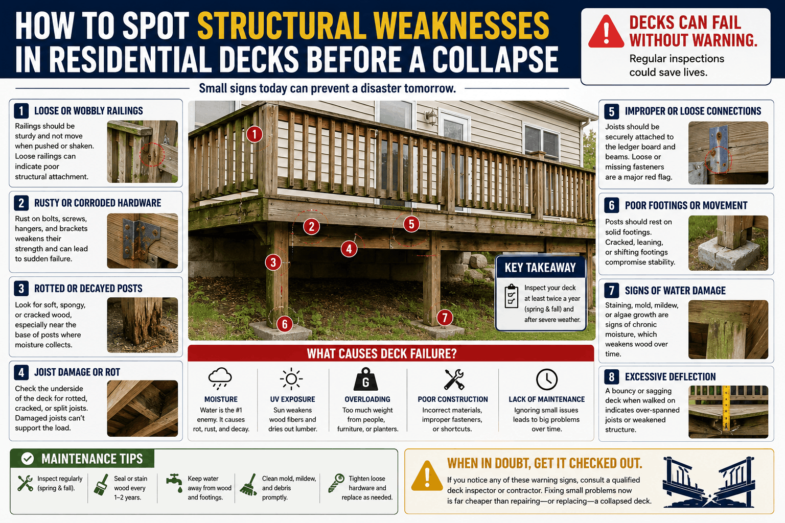 An educational infographic illustrating how to spot structural weaknesses in residential decks before a collapse, detailing inspections for loose railings, rusted hardware, rotted posts, and joist decay.