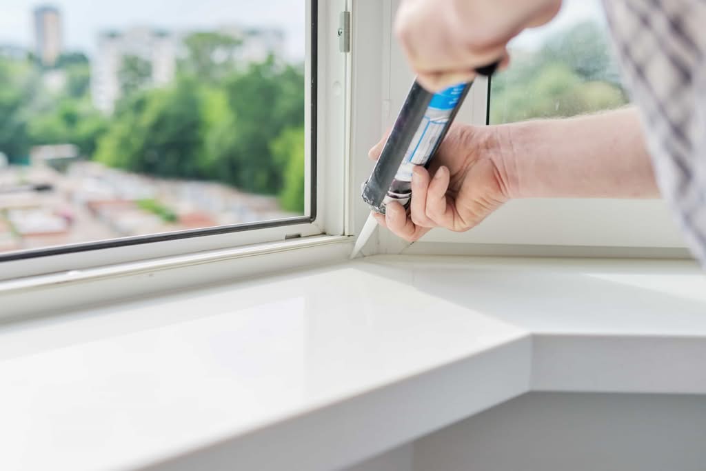 How to Prep Your Windows and Doors for Hurricane Season (2026 Guide) 2 A close-up shot of a contractor using a caulking gun to apply clean white silicone sealant to the corner gaps of an interior white window frame for professional window caulking service orlando fl.